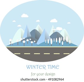 Mountain landscape with road in winter time. Modern flat design, design element, vector illustration