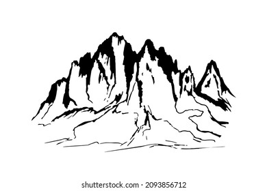 Mountain landscape. Rocks. Ink sketch of mountains. A simple drawing in a graphic style. Black outline. Panoramic landscape, top of the mountain. Tourism, travel, sports.