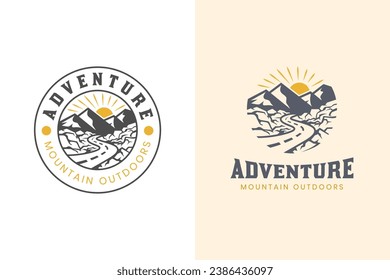 mountain landscape with rocks at sunrise for Hipster Adventure Traveling logo can be used biker cross