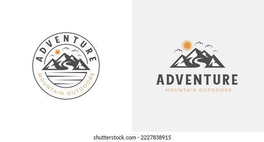 mountain landscape with rocks at sunrise, Sea and Sun for Hipster Adventure Traveling logo can be used biker cross