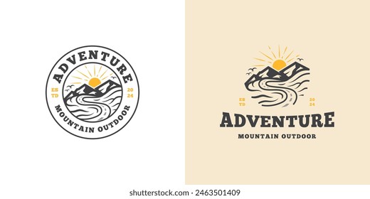 mountain landscape with rocks at sunrise, Sea and Sun for Hipster Adventure Traveling logo can be used biker cross
