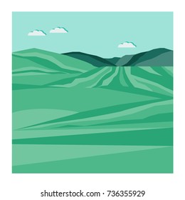 Mountain landscape with rolling hills and dynamic fields, in a blue, green and teal abstract style