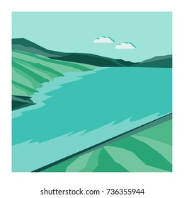 Mountain landscape with rolling hills and fast flowing water, in a blue, green and teal abstract style