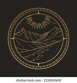 Mountain landscape in round frame. Vector illustration