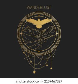 Mountain landscape in round frame. Vector illustration