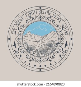 Mountain landscape in round frame. Vector illustration