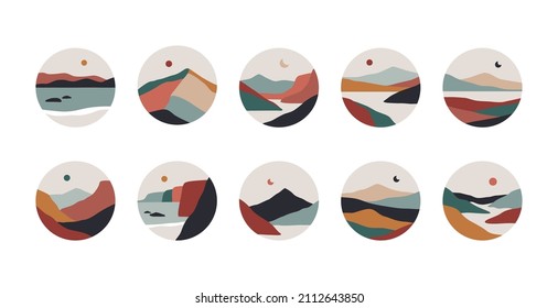 Mountain landscape round icons. Abstract sea river sun moon hills, hand drawn nature set for stories. Vector illustration