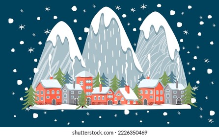 Mountain landscape with rural houses and firs. Winter mountains, snow-covered roofs with chimneys and stylized trees. Blue background with falling snow.Vector flat style print on fabric and paper.