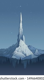 Mountain landscape, scene of mountain peak lit by moonlight and silhouette of coniferous forest, created by imagination in the format of vector graphics.