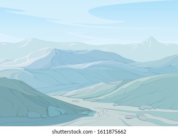 Mountain landscape, scene of road among hills and rocks against the background of blue sky, created by imagination in the format of vector graphics.