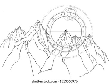 Mountain landscape scene. Vector illustration in black and white isolated. Outdoors nature and sacred geometry crescent moon and stars. Adventure artwork for travel and wanderlust tattoo.