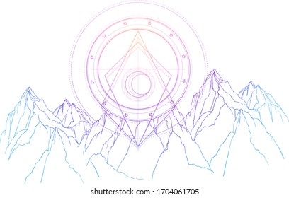 Mountain landscape scene. Vector illustration isolated. Outdoors nature and sacred geometry crescent moon and stars. Adventure artwork for travel and wanderlust tattoo. Gradient outlines over white.