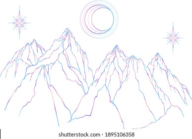 Mountain landscape scene. Vector illustration isolated. Outdoors nature and sacred geometry crescent moon and stars. Adventure artwork for travel and wanderlust tattoo. Gradient outlines over white.