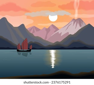 Mountain landscape with sea bay and asian junk boat, sunset, sunrise, vector illustration.