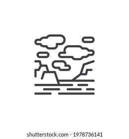 Mountain landscape with sea and clouds line icon. linear style sign for mobile concept and web design. Nature landscape outline vector icon. Symbol, logo illustration. Vector graphics