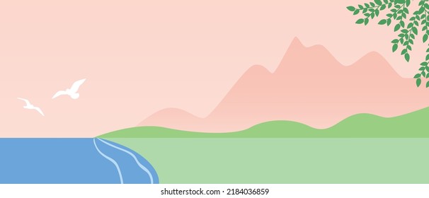 Mountain landscape with sea or lake in morning or evening, flat vector stock illustration as template for overlay and design, copy space backdrop,