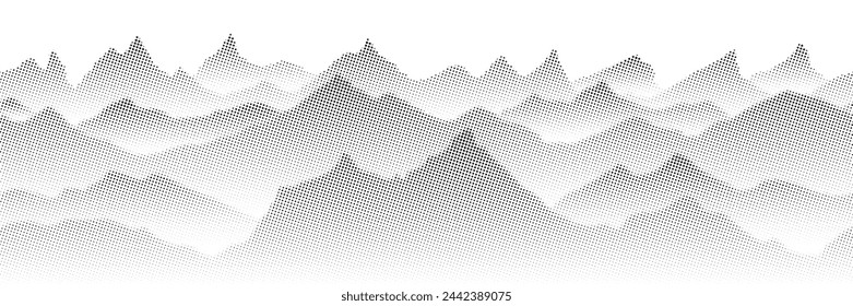 Fondo de puntos de semitonos vectoriales, efecto de punto desvanecido. Imitación de un paisaje de montaña, pancarta, tonos de gris. 