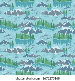 Mountain landscape seamless pattern with forest and river