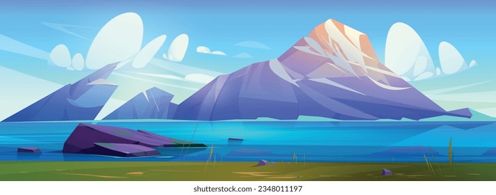 Mountain landscape seen across sea bay. Vector cartoon illustration of spring mountainscape with glacier on peaks, green grass and stones on lake bank, blue sunny sky. Travel adventure game background