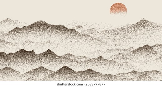Mountain landscape in sepia tones, minimalism, imitation pencil drawing, stroke texture, imitation engraving, vector illustration