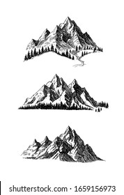 Mountain and landscape set black on white background. Hand drawn rocky peaks in sketch style. Vector illustration. 