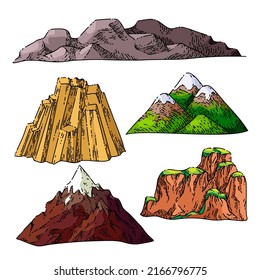 Berglandschaft handgezeichnet Vektorgrafik. Naturhintergrund, Vintage-Wald, Abenteuer, Felsgipfel, Talwanderung, Bergwanderung Gebirgslandschaft Skizze. einzelne Farbgrafik