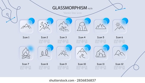 Mountain landscape set icon. Glass frames exhibit twin peaks, starry night, flowing river, rocky cliff, triple peaks, sunny peaks, campfire logs, pine trees, sunrise mountain, winding path