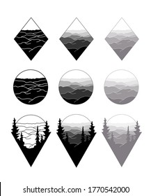 Mountain landscape set. Made in different versions of pictograms, icons, life labels. Vector illustration