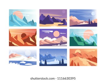 Mountain landscape set, scenes of nature in different time of year and day vector Illustration