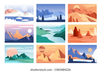 Mountain landscape set, scenes of nature in different time of year and day vector Illustration