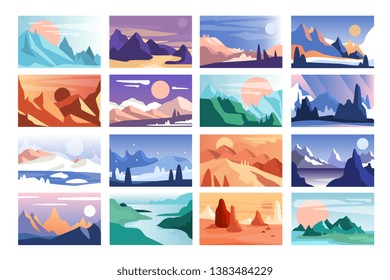 Mountain landscape set, scenes of nature in different time of year and day vector Illustration