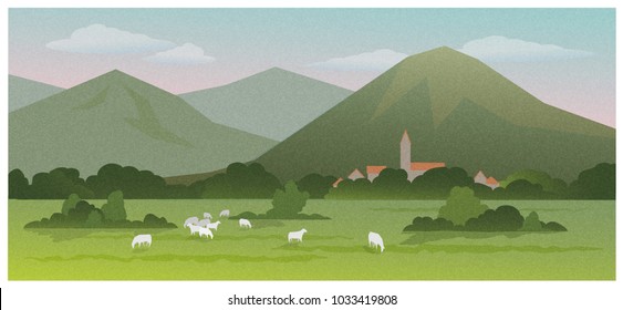 Mountain landscape with sheep grazing in a meadow. Vector illustration background with grainy texture.