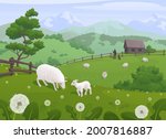 Mountain landscape with sheep on a green pasture, dandelions and a shepherd's hut
