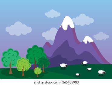 Mountain landscape with sheep. Vector illustration.