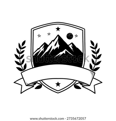Mountain landscape shield badge with ribbon for outdoor adventure club logo