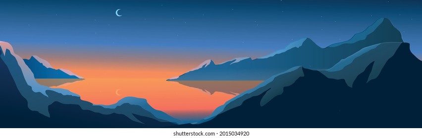 Mountain landscape, shining moon over night mountain lake - Vector illustration