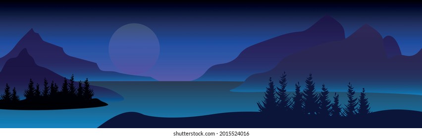 Mountain landscape, shining moon over night mountain lake - Vector illustration