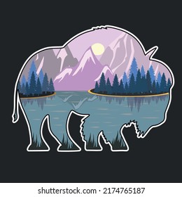 Mountain landscape in the silhouette of a bison. Mountains, lake, forest, wild animals. Stylized vector image