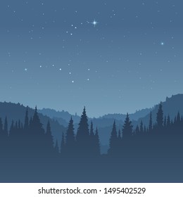 Mountain landscape, silhouette of coniferous forest against the background of night sky, created by imagination in the format of vector graphics.