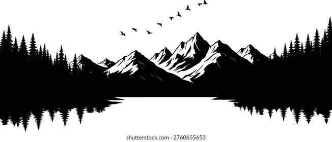 Mountain Landscape Silhouette with Forest Pine Trees, Lake Reflection, Flying Birds, Nature Wilderness Scene, Outdoor Adventure, CAD Drawing Flat Vector Illustration.