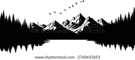 Mountain Landscape Silhouette with Forest Pine Trees, Lake Reflection, Flying Birds, Nature Wilderness Scene, Outdoor Adventure, CAD Drawing Flat Vector Illustration.