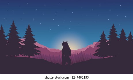 Mountain landscape silhouette with grizzly bear in a forest