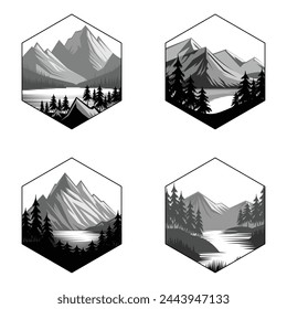 silueta de paisaje de montaña, conjunto de colección de Imagen de montaña, logotipo de montaña, icono de montaña, fácil de editar, dibujado a mano