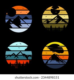 mountain landscape silhouette logo set with colorful retro background