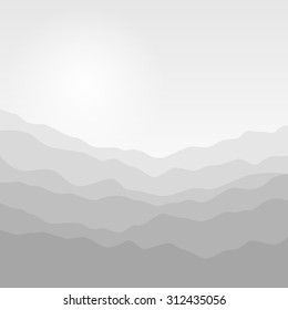 Mountain Landscape , Silhouette of the Misty Mountains  Before  Sunrise or in the Morning , Waves in Shades of Gray,  Vector Illustration