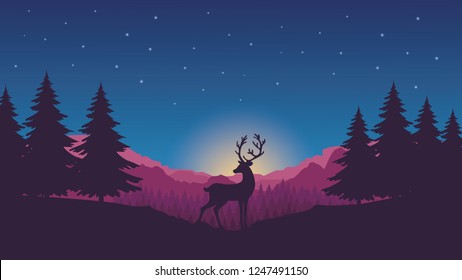 Mountain landscape silhouette with Reinder in a forest