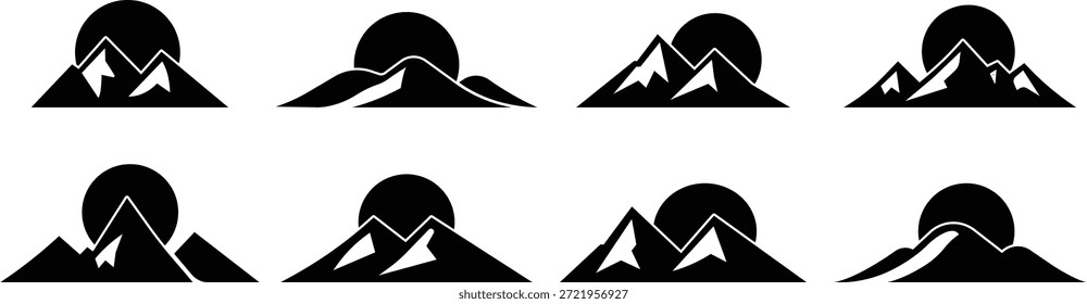 Conjunto de silueta de paisaje de montaña, íconos de horizonte alpino, colección de la cordillera de la Naturaleza