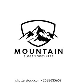 Mountain Landscape Silhouette with shield for Outdoor Travel adventure Vintage logo design