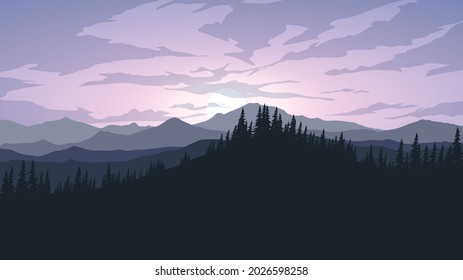 Mountain landscape in silhouette at sunset