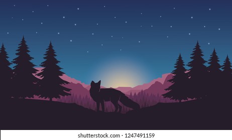 Mountain landscape silhouette with wolf in a forest